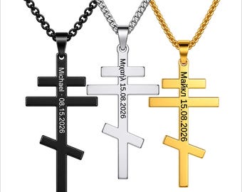 Personalized Orthodox Cross Necklace, Russian Greek English Engraving