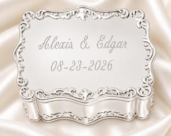Personalized Wedding Jewelry Box, Engraved Silver Keepsake Box.