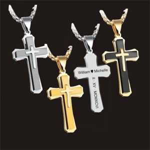 Engraved Men Cross Necklace ,Personalized Cross Necklace Men, Custom Cross Necklace -Father&#39;s Day Gift for Dad. Grandpa, Husband , Boyfriend