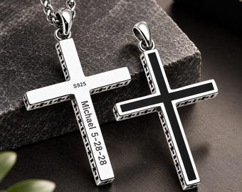 Personalized 925 Silver Cross Necklace, Christian Cross for Men & Women, Engraved Religious Jewelry