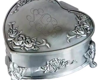 Christmas gift for her -Personalized Silver Heart Rose Jewelry Box - Engraved Antique Style Trinket