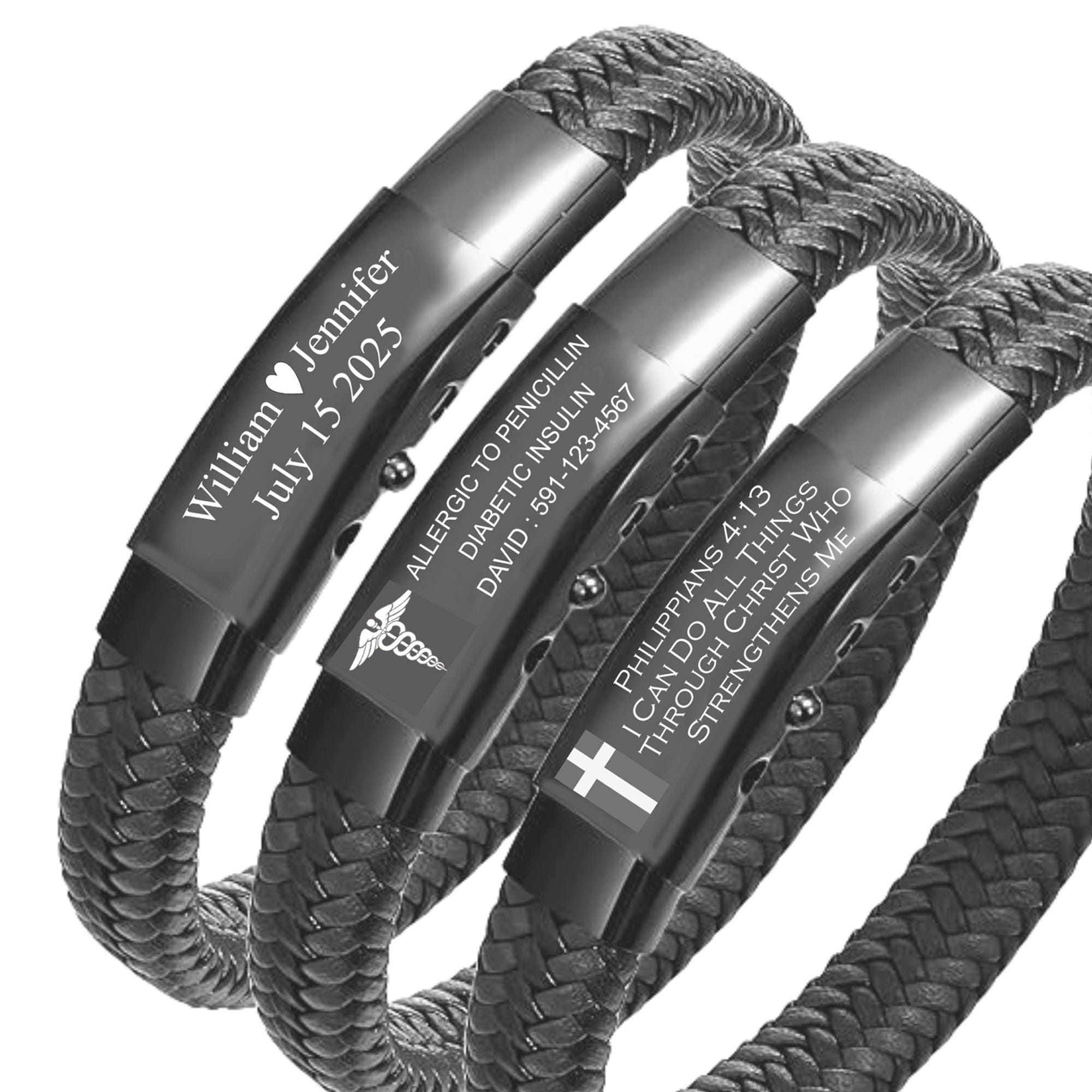 Medical Alert Custom Bracelet Stainless Steel Leather