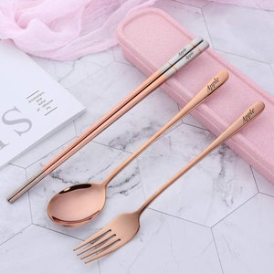 Personalized Utensil Set & Case ,Outdoor Flatware Set Fork Spoon Chopsticks, Travel Flatware Set with a Case-Gifts for Dad, Mom, Him, Her-RG