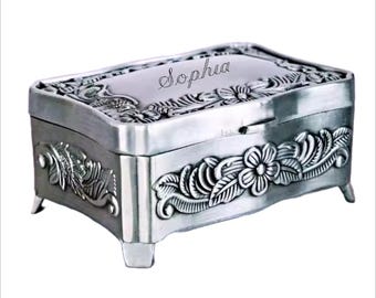 Personalized Antique Silver Plated Jewelry Box: Engraved Floral Keepsake