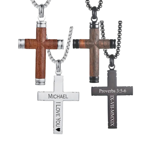 Personalized Men, Women Wooden Cross Necklace, Engraved Christian Stainless Steel Crucifix Pendant-First Communion Gift for Unisex Kids
