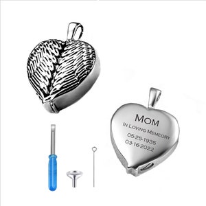 Christmas Gift -Personalized Engraved Wing Heart Keepsake Ashes Necklace Urn Pendant Cremation Memorial Jewelry for Women, Kids
