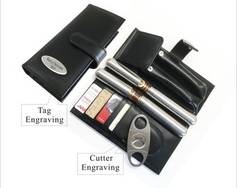 Personalized Engraved Custom Leather Cigar Case , Stainless Steel Cigar Tube , Cigar Cutter-Wedding Groomsmen gift for him, gift for men-BL