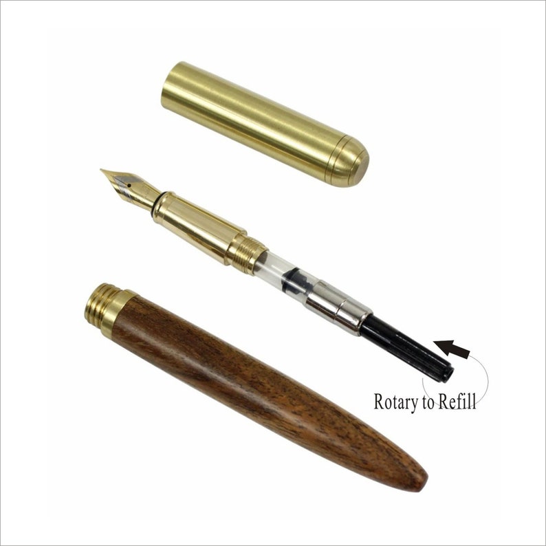 May include: A wooden and brass fountain pen with a refillable cartridge. The pen is disassembled to show the cartridge and the mechanism for refilling the pen. The text "Rotary to Refill" is visible in the image.