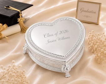Personalized Graduation Heart Jewelry Box – Class of 2026 Engraved Silver Keepsake Gift