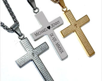 Engraved Lord's Prayer Cross Necklace: Personalized Stainless Steel Gift