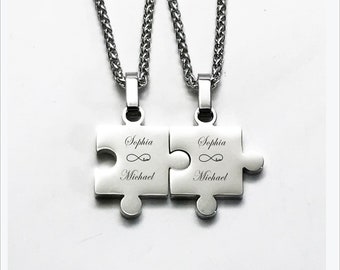 Valentine's gift -Personalized Puzzle Piece Necklace Set, Engraved Couples Jewelry