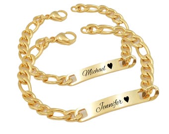 Personalized 18 K Gold Plated Couple ID Bracelets –Engraved Valentine’s Gift for Him & Her