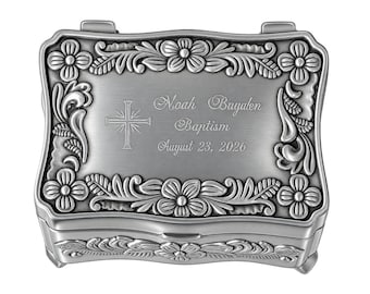 Personalized Baptism Jewelry Box, Engraved Christening Gift for Girl, Silver Keepsake Box