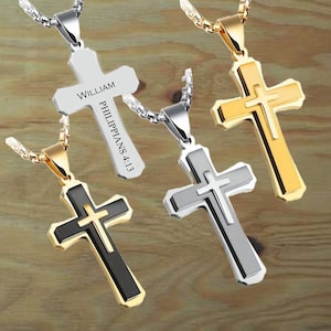 Personalized Stainless Steel Men 3 Layers Cross Necklace ,Customized Engraved Men Cross Necklace-Christmas gift for Dad , Husband, Boyfriend