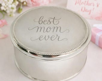 Personalized Jewelry Box for Mom Gift – Engraved Silver Round Trinket Keepsake