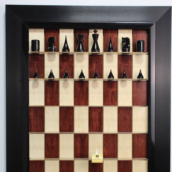 Red Maple Straight Up Chess Vertical wall mounted chess Board with the Tuxedo frame, with Option on Chess pieces