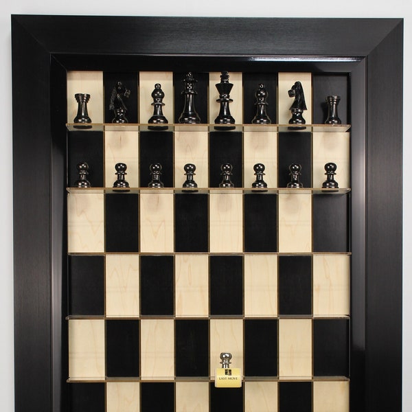 Black Maple Straight Up Chess Vertical wall mounted chess Board with the Tuxedo frame, with Option on Chess pieces