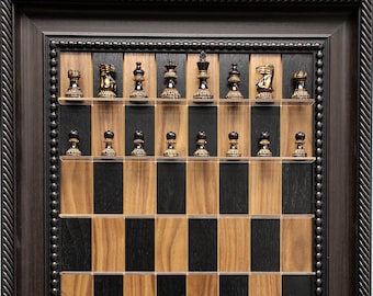 Black Walnut Board with Traditional Brown frame and optional chess pieces.