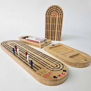 Tabuleiro de Cribbage dobrável de bambu para viagem para 3 pessoas com cartas e escolha de pinos LEIA a descrição