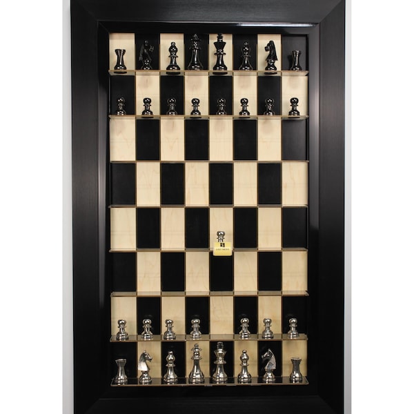 Black Maple wall mounted vertical chessBoard with the Tuxedo frame and optional chess pieces.
