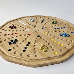 50cm Kugelbrett mit Murmelfänger aus Bambus und 5/8cm Kugeln, doppelseitig, für 6 und 4 Spieler.  KOSTENFREIER VERSAND  