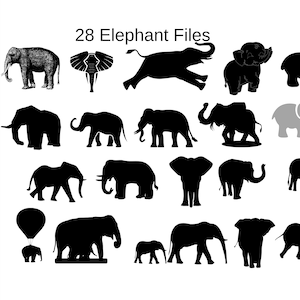 May include: A set of 28 black and white elephant silhouette illustrations. The illustrations are in various poses and sizes. The text "28 Elephant Files" is at the top of the image.