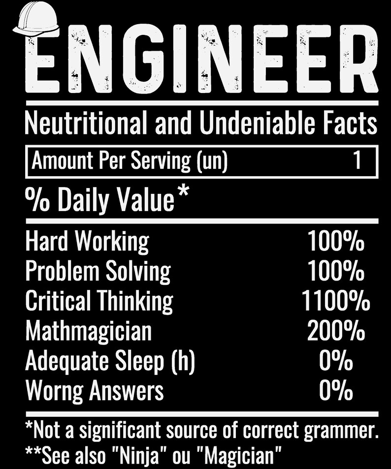 May include: A white graphic on a black background with the text "ENGINEER" at the top. The graphic is a nutrition facts label with the following information: Hard Working 100%, Problem Solving 100%, Critical Thinking 1100%, Mathmagician 200%, Adequate Sleep (h) 0%, Worng Answers 0%. The graphic also includes the text "*Not a significant source of correct grammar." and "**See also "Ninja" ou "Magician""
