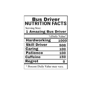 Bus Driver Nutrition Facts, School Bus Driver SVG Nutritional Fact Label Template, Printable, DIY, Eps, PNG, SvG, DxF, Cricut,