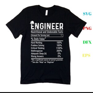 May include: Black t-shirt with a white graphic that reads "ENGINEER" and lists "Nutritional and Undeniable Facts" with a table of percentages for various skills and traits. The table includes "Hard Working", "Problem Solving", "Critical Thinking", "Mathmagician", "Adequate Sleep (h)", and "Wrong Answers".