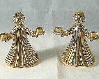 2 Angel Figurine Candle Holders Silver Plate & Gold Christmas Italy