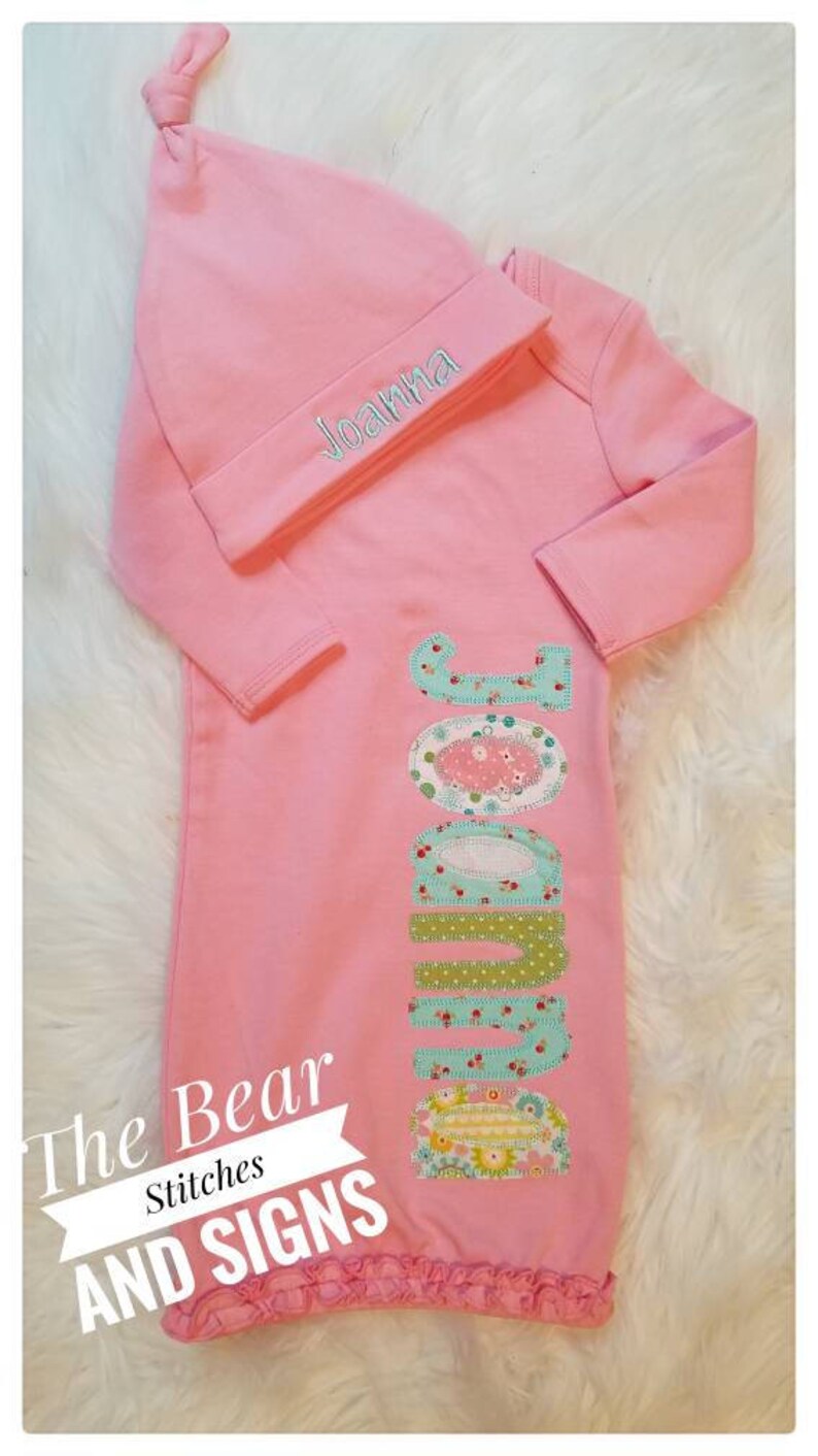 Newborn Hospital Set| Infant Gown Onesie aqua green white Newborn Infant Personalized Baby Pink Newborn Hat /& Gown| Name pink