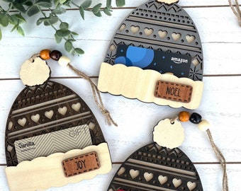 Cozy Knit Hat Gift Card Holder | Wooden Ornament with 3D Pompom