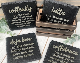 Coffee Definition Slate Coasters, Laser Engraved, Set of 4