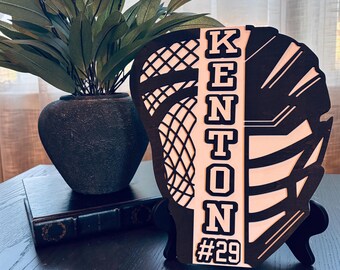 Personalized Layered Wood Lacrosse Player Sign, Custom Name Number Keepsake