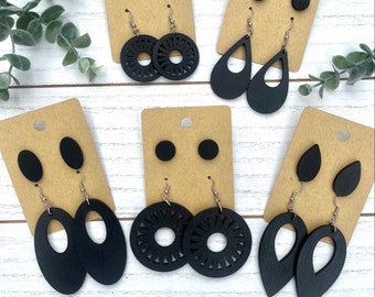 Wood Earrings, Black, Dangle Earrings, Wood Dangle Earrings, Mandala Earrings, Boho Earrings, Geometric Earrings, Teardrop Earrings