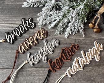 Stocking Tags with Name, Personalized Layered Wood Script, Christmas Tag