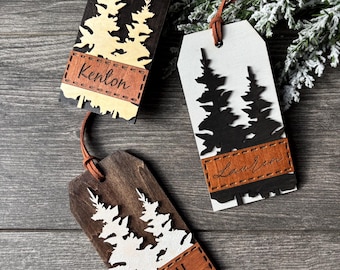 Personalized Stocking Tags, Engraved Name Ornament, Evergreen Tree Design (5" H x 2.5" W)