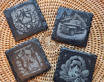 Slate Coasters Set of 4, Laser Engraved Coffee Designs