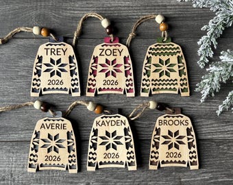 Custom Ornament, Personalized Sweater Design with Engraved Name and Year