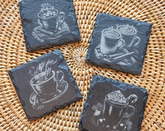 Slate Coasters Set of 4, Laser Engraved Coffee Designs