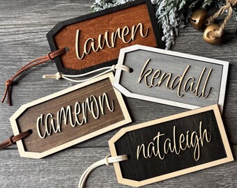 Stocking Tags with Name, Personalized Layered Wood 5 x 2.5 Inch Tag