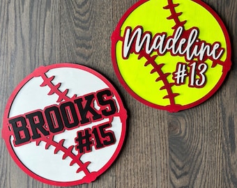 Personalized Baseball or Softball Sign | Custom Name & Number Sports Room Decor