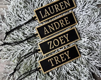 Personalized Stocking Tags, Black And Gold Layered Wood Christmas Decoration