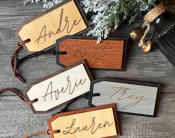 Personalized Stocking Tags, Layered Wood Sign, Engraved Name, 5" W x 2.5" H