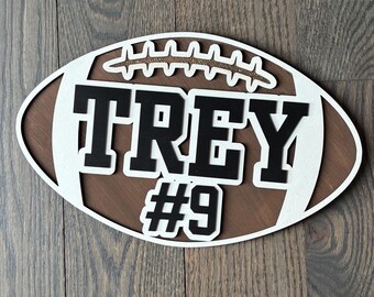 Personalized Football Sign | Custom Name & Number Sports Room Decor, 11.5” Wood Display