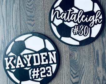 Personalized Soccer Sign | Custom Name & Number Sports Room Decor, 11.5” Wood Display