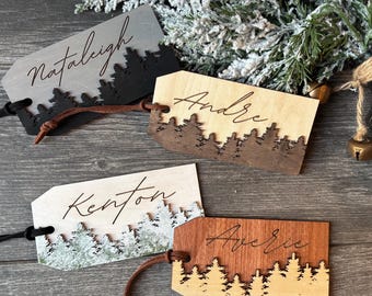 Stocking Tags with Name, Personalized Layered Wood with Evergreen Design, 5 x 2.5 Inches