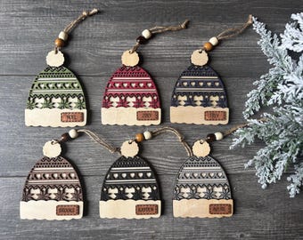 Custom Ornament with Knit Hat Design, Personalized Wooden Decoration