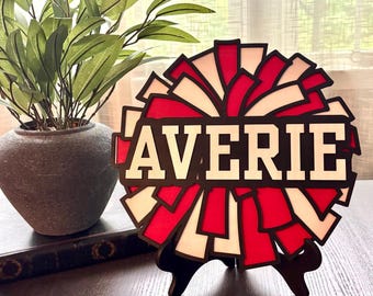 Personalized Layered Wood Cheerleader Gift, Custom Pom Pom Sign with Name