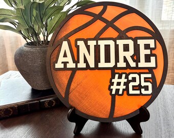 Personalized Layered Wood Basketball Sign, Custom Name Number Keepsake